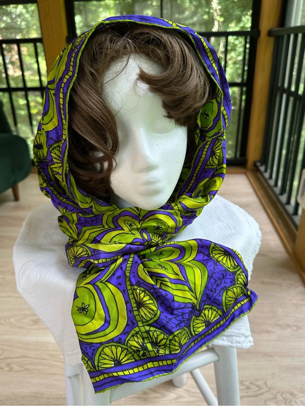 Bohemian Jet-Setting Psychedelic Mod Floral Medallion 60s Hand-Rolled Silk Scarf